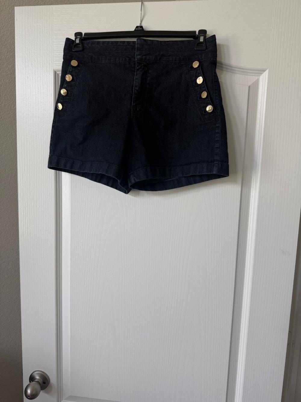 Anne Klein Navy Denim High-Rise Shorts with Gold Buttons